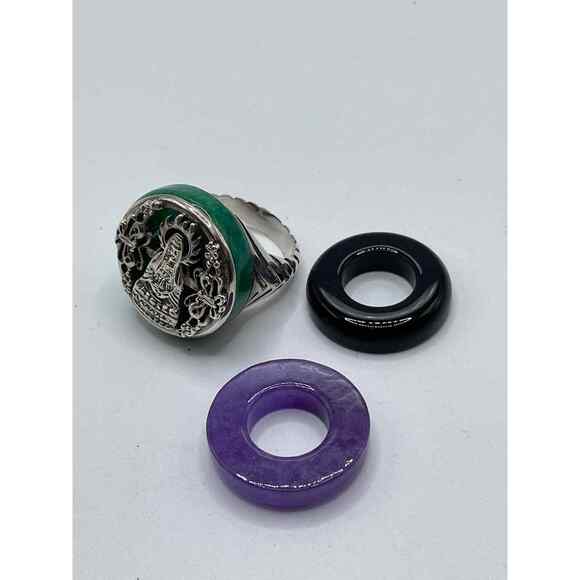 Guan Yin 3 in 1 Sterling Silver Ring. 3 Jade inserts. Size 7.75. Buddhist. - Picture 2 of 11